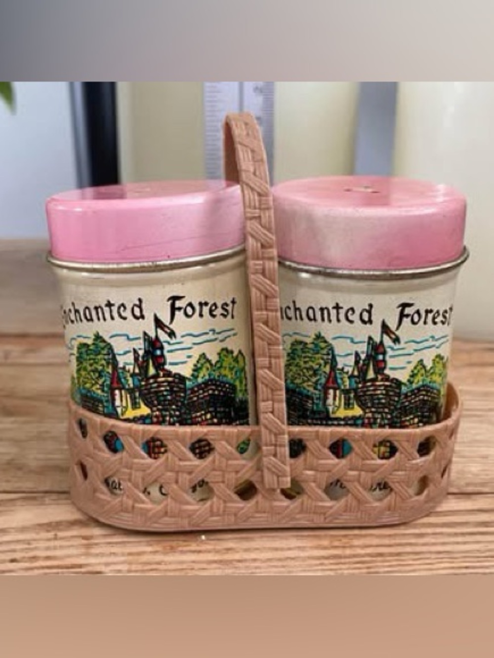 Vintage Enchanted Forest Salem Oregon Tin Salt & Pepper Shakers in Caddy Pink